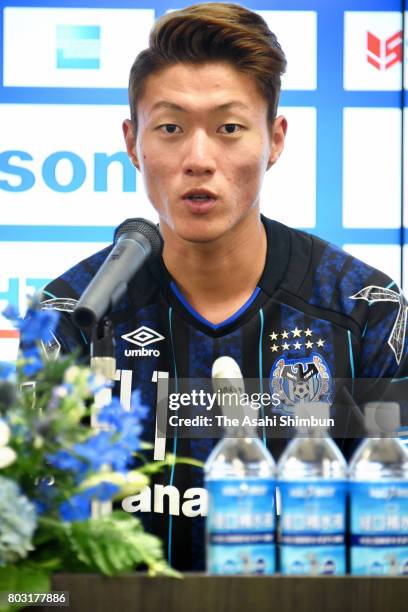 Gamba Osaka new player Hwang Ui-jo speaks during a press conference on June 28, 2017 in Suita, Osaka, Japan.