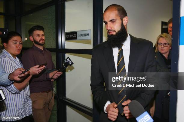 Bachar Houli of the Richmond Tigers leaves after receiving a four week suspension at the AFL Appeals trial at AFL House on June 29, 2017 in...