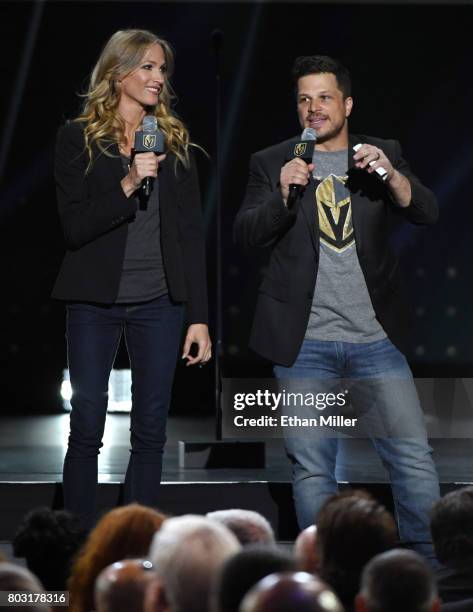 Entertainers Stephanie "Smithy" Smith and Mark Shunock speak during the 2017 NHL Awards at T-Mobile Arena on June 21, 2017 in Las Vegas, Nevada.