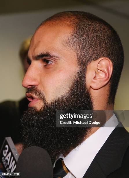 Bachar Houli of the Richmond Tigers speaks to media after receiving a four week suspension at the AFL Appeals trial at AFL House on June 29, 2017 in...