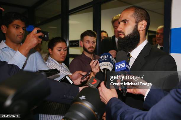 Bachar Houli of the Richmond Tigers speaks to media after receiving a four week suspension at the AFL Appeals trial at AFL House on June 29, 2017 in...