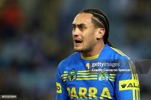 Brad Takairangi of the Eels reacts during the round 17 NRL match between the Parramatta Eels and the Canterbury Bulldogs at ANZ Stadium on June 29,...