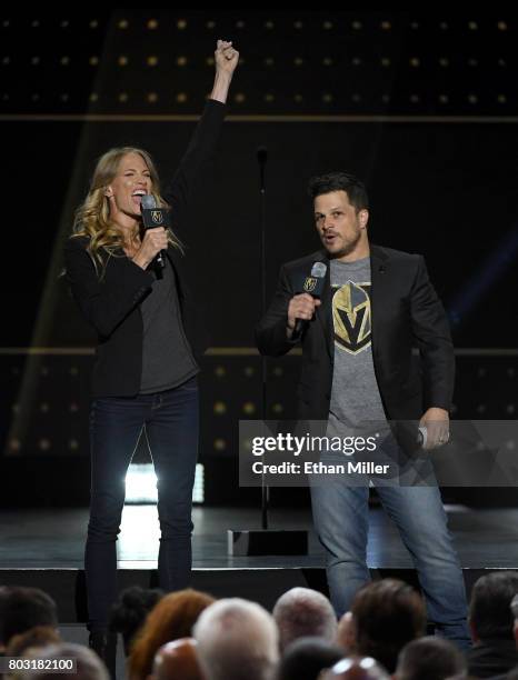 Entertainers Stephanie "Smithy" Smith and Mark Shunock speak during the 2017 NHL Awards at T-Mobile Arena on June 21, 2017 in Las Vegas, Nevada.