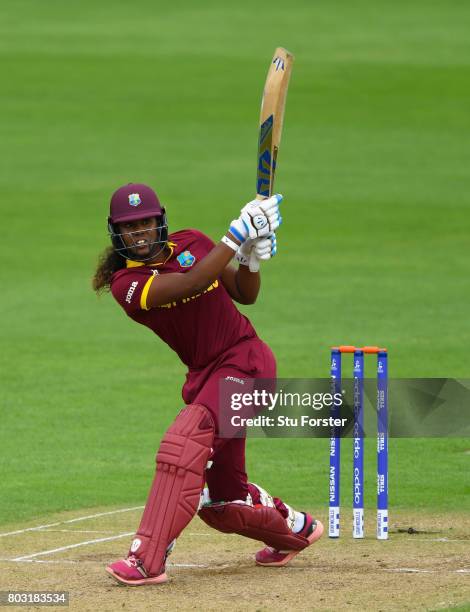 West Indies batsman Hayley Matthews hits out during the ICC Women's World Cup 2017 match between West Indies and India at The County Ground on June...