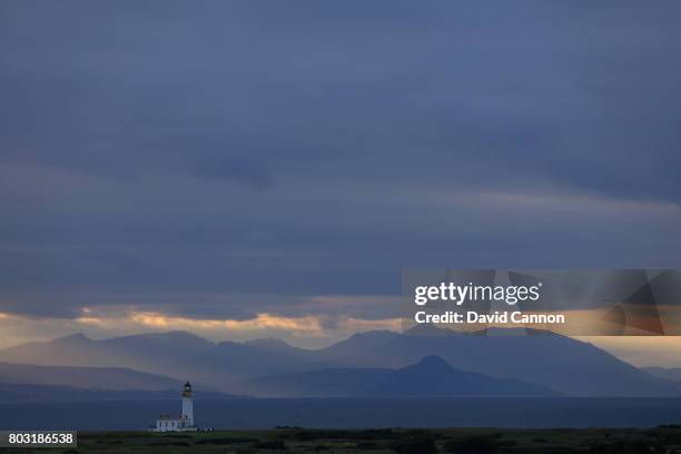 General view in the late evening of the lighthouse with the Island of Arran in the background at Trump Turnberry Scotland on June 28, 2017 in...