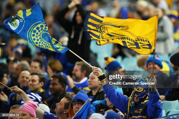Eels fans show their support during the round 17 NRL match between the Parramatta Eels and the Canterbury Bulldogs at ANZ Stadium on June 29, 2017 in...