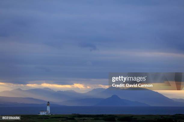 General view in the late evening of the lighthouse with the Island of Arran in the background at Trump Turnberry Scotland on June 28, 2017 in...