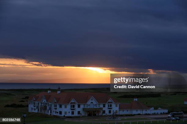 General view of the clubhouse as the sun sets in the late evening with the Island of Arran in the background at Trump Turnberry Scotland on June 28,...