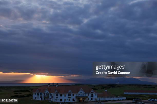 General view of the clubhouse as the sun sets in the late evening with the Island of Arran in the background at Trump Turnberry Scotland on June 28,...