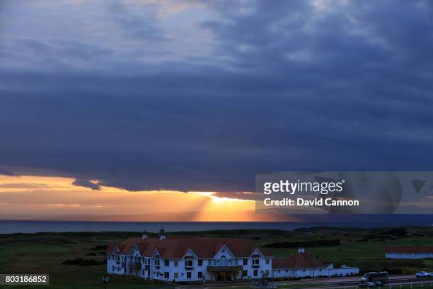General view of the clubhouse as the sun sets in the late evening with the Island of Arran in the background at Trump Turnberry Scotland on June 28,...