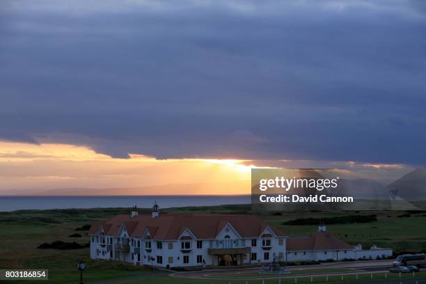 General view of the clubhouse as the sun sets in the late evening with the Island of Arran in the background at Trump Turnberry Scotland on June 28,...