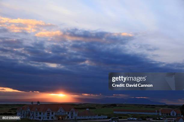 General view of the clubhouse as the sun sets in the late evening with the Island of Arran in the background at Trump Turnberry Scotland on June 28,...