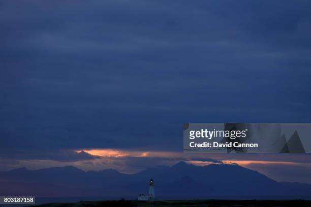 General view in the late evening of the Turnberry lighthouse with the Island of Arran in the background at Trump Turnberry Scotland on June 28, 2017...