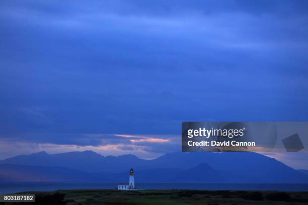 General view in the late evening of the Turnberry lighthouse with the Island of Arran in the background at Trump Turnberry Scotland on June 28, 2017...