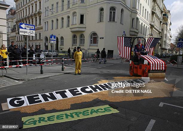 Greenpeace activists use a roller compactor decorated with US flags to crush an Austrian map made from corn during a protest against USA pressure on...