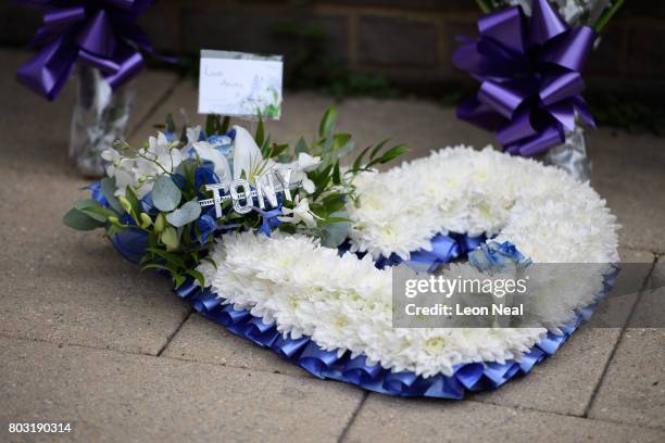 Floral tributes are seen, ahead of the funeral of one of the victims of the fire in Grenfell Tower, on June 29, 2017 in London, England. Tony Disson...