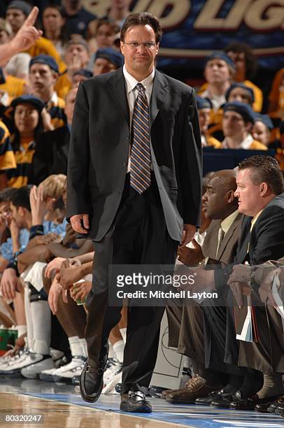 Tom Crean, head caoch of the Marquette Golden Eagles, looks on in a game against the Seton Hall Pirates during the first round of the Big East...