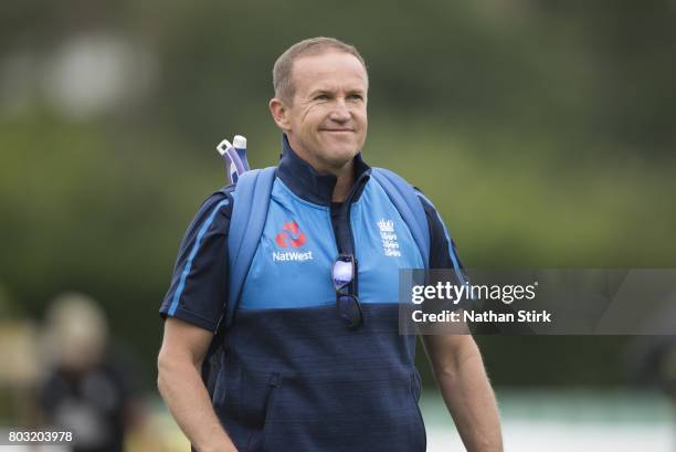 Andy Flower head coach of England looks on before a tour match between England Lions and South Africa A at New Road on June 29, 2017 in Worcester,...