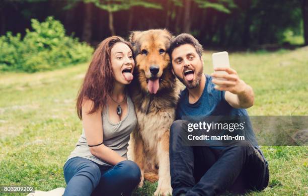 eigenaars van de hond nemen selfie met hond in het stadspark - tong-uitsteken-vrouw stockfoto's en -beelden
