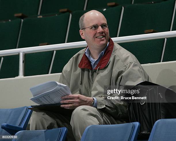 New York Islanders broadcaster Chris King at the morning skate on March 18, 2008 at the Nassau Coliseum in Uniondale, New York.