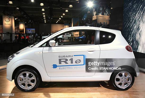 The Subaru R1e electric car on display March 20, 2008 at the New York International Auto Show. Subaru plans delivery of the car, which can be charged...