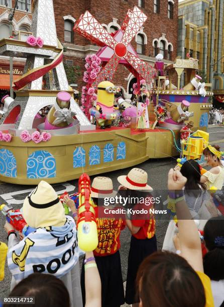 The Minions Water Surprise Parade at Universal Studios Japan in Osaka, with water being splashed around is shown to the media on June 29, 2017. The...