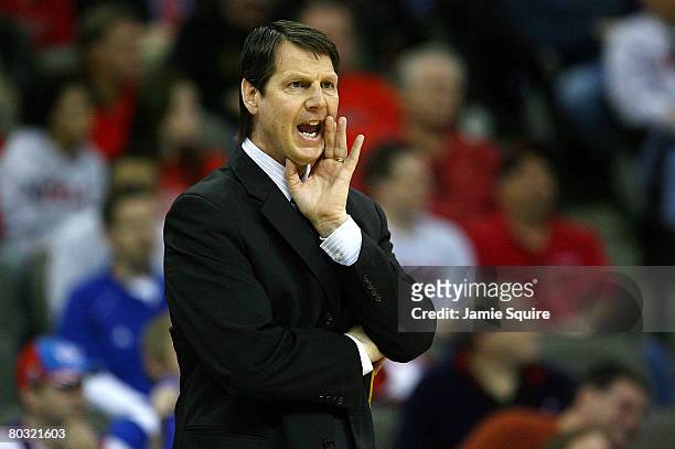 Head coach Ken Bone of the Portland State Vikings coaches against the Kansas Jayhawks during the Midwest Region first round of the 2008 NCAA Men's...