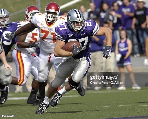 Kansas State wide receiver Jordy Nelson take off up field after catching a pass in the first quarter against Iowa State at Bill Snyder Family Stadium...