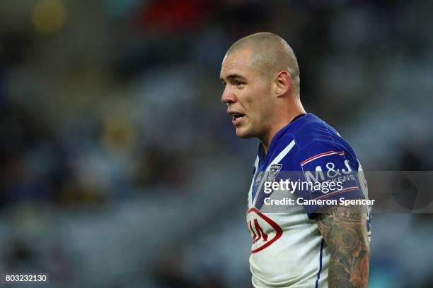 David Klemmer of the Bulldogs looks on during the round 17 NRL match between the Parramatta Eels and the Canterbury Bulldogs at ANZ Stadium on June...