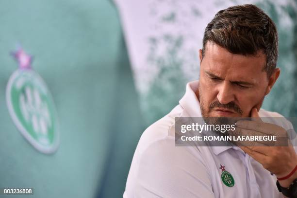 Saint-Etienne's Spanish head coach Oscar Garcia looks on during a press conference to introduce the new jersey of the Ligue 1 football team in...