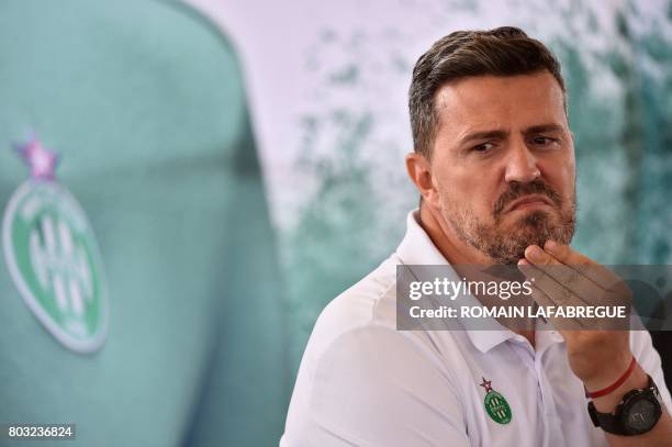 Saint-Etienne's Spanish head coach Oscar Garcia looks on during a press conference to introduce the new jersey of the Ligue 1 football team in...