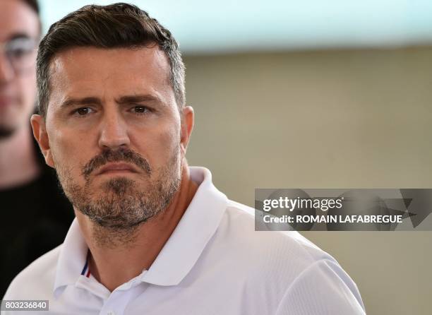 Saint-Etienne's Spanish head coach Oscar Garcia looks on during a press conference to introduce the new jersey of the Ligue 1 football team in...