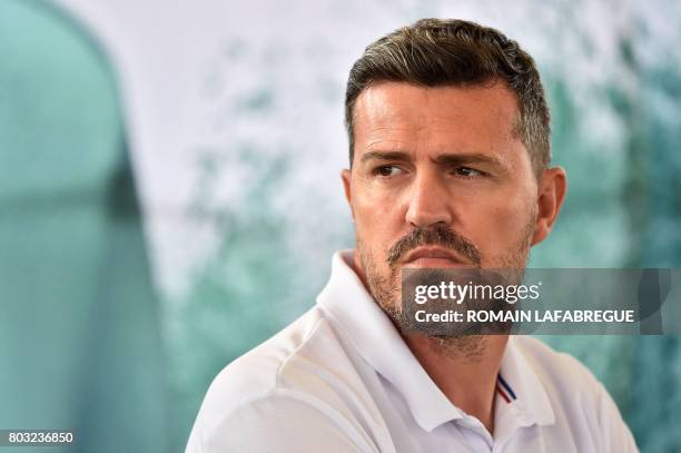 Saint-Etienne's Spanish head coach Oscar Garcia looks on during a press conference to introduce the new jersey of the Ligue 1 football team in...