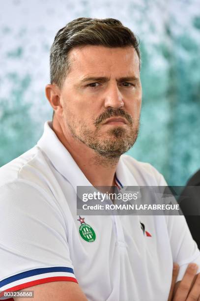 Saint-Etienne's Spanish head coach Oscar Garcia looks on during a press conference to introduce the new jersey of the Ligue 1 football team in...