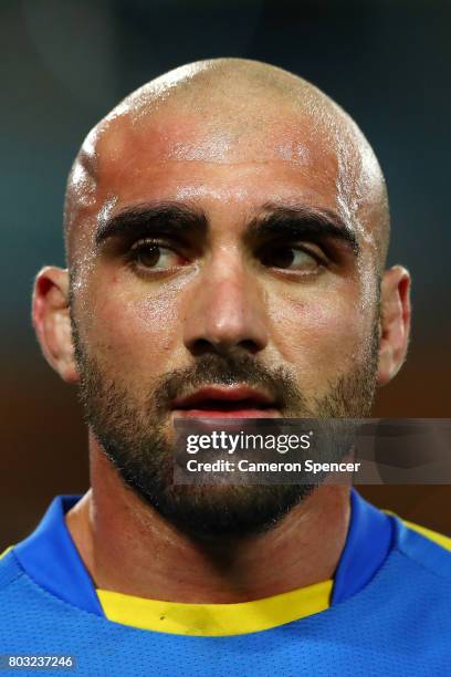 Tim Mannah of the Eels leaves the field with a haematoma during the round 17 NRL match between the Parramatta Eels and the Canterbury Bulldogs at ANZ...