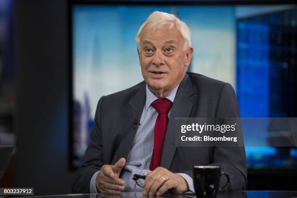 Chris Patten, Hong Kong's last colonial governor, gestures while speaking during a Bloomberg Television interview in London, U.K., on Thursday, June...