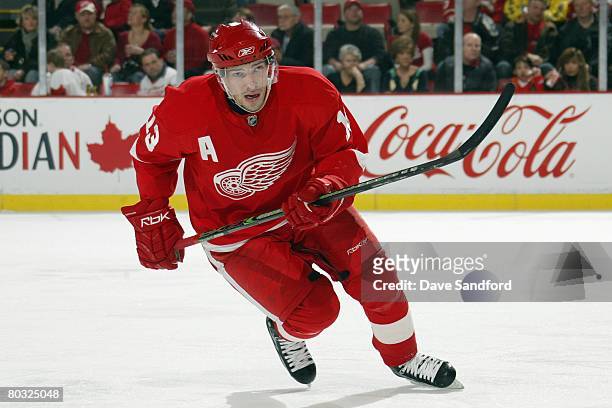 Pavel Datsyuk of the Detroit Red Wings skates against the San Jose Sharks during their NHL game at Joe Louis Arena on February 29, 2008 in Detroit,...