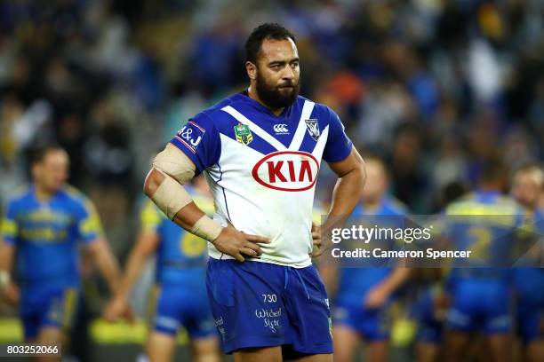 Sam Kasiano of the Bulldogs looks dejected after losing the round 17 NRL match between the Parramatta Eels and the Canterbury Bulldogs at ANZ Stadium...