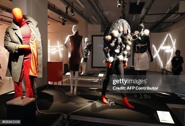 Picture taken on June 29, 2017 shows fashion creations displayed during the Fashion Tech Festival at the Gaite Lyrique, in Paris. The Fashion Tech...