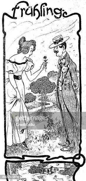 symbolic illustration of spring with german word frühling: woman giving a flower to a man - frühling stock illustrations
