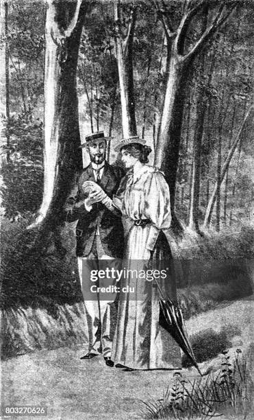 Couple Having Outdoor Walk In Forest Holding Hands High-Res Vector Graphic