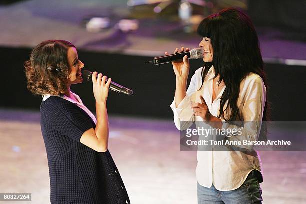 Alizee and Jenifer Bartoli perform at the Fight Aids Monaco Gala "Tribute to Serge Gainsbourg" on March 20, 2008 at the Grimaldi Forum in Monte...