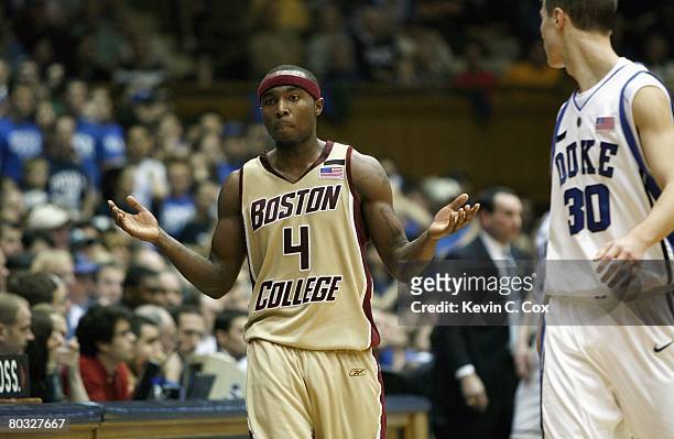 Tyrese Rice of the Boston College Eagles questions a call against the Duke Blue Devils at Cameron Indoor Stadium on February 9, 2008 in Durham, North...