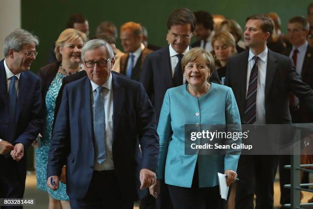 German Chancellor Angela Merkel and other European Union leaders, including Italian Prime Minister Paolo Gentiloni , Norwegian Prime Minister Erna...
