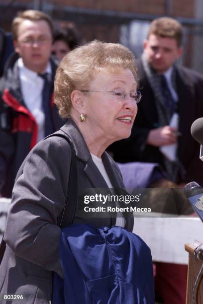 Dorothy Moxley, the mother of the slain Greenwich, CT teenager Martha Moxley, speaks to the media outside the Stamford, Connecticut courthouse, April...