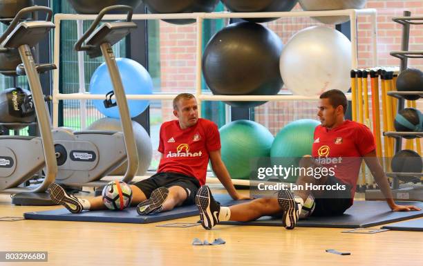 Jack Rodwell and Lee Cattermole of take part in training during the first day of pre-season training at The Academy of Light on June 29, 2017 in...