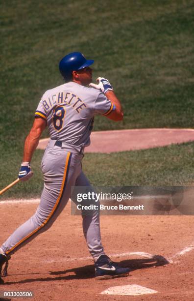 Dante Bichette of the Milwaukee Brewers swings at the pitch during an MLB game against the New York Yankees on May 23, 1992 at Yankee Stadium in the...