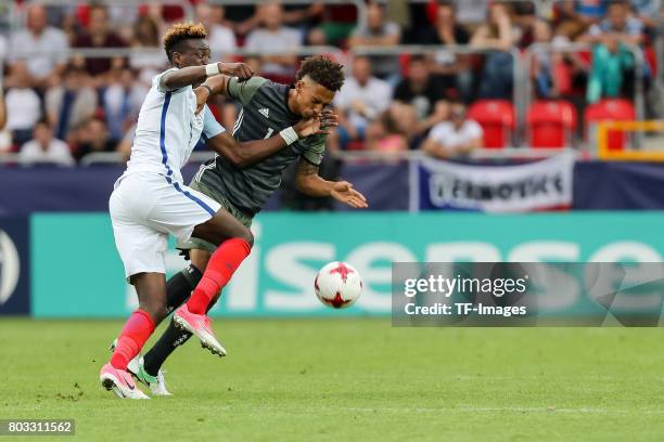 Tammy Abraham of England and Thilo Kehrer of Germany battle for the ball during the UEFA European Under-21 Championship Semi Final match between...