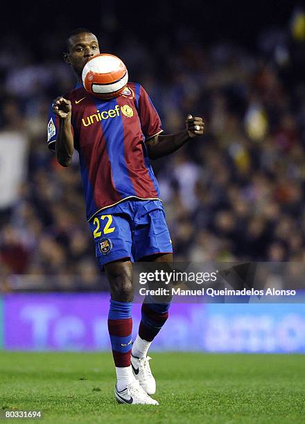 Eric Abidal of Barcelona control a ball during the Copa del Rey Semi Final 2nd leg match between Valencia and Barcelona at the Mestalla stadium on...