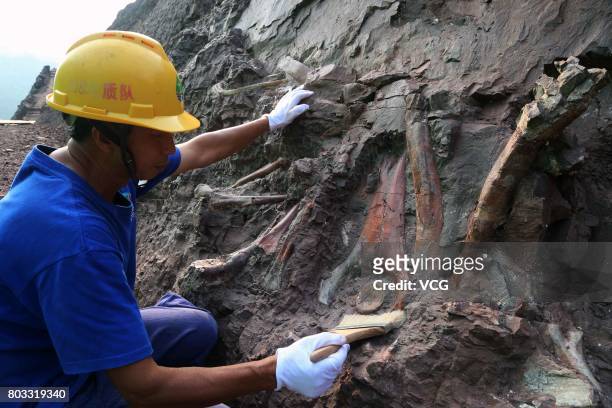Chinese worker excavates at the dig site of dinosaur fossils concentrated in a wall of rock at Laojun Village on June 28, 2017 in Chongqing, China....